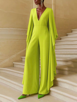 Combinaison à manches évasées, taille haute, à décolleté en V profond, couleur unie