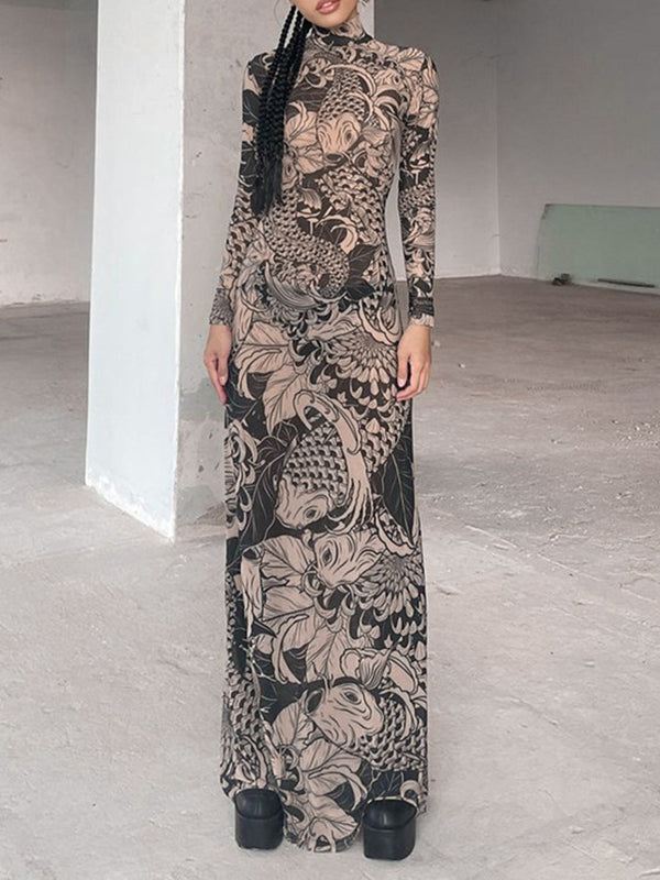 Robe de soirée longue imprimée transparente à manches longues, coupe près du corps, à empiècements, à col haut