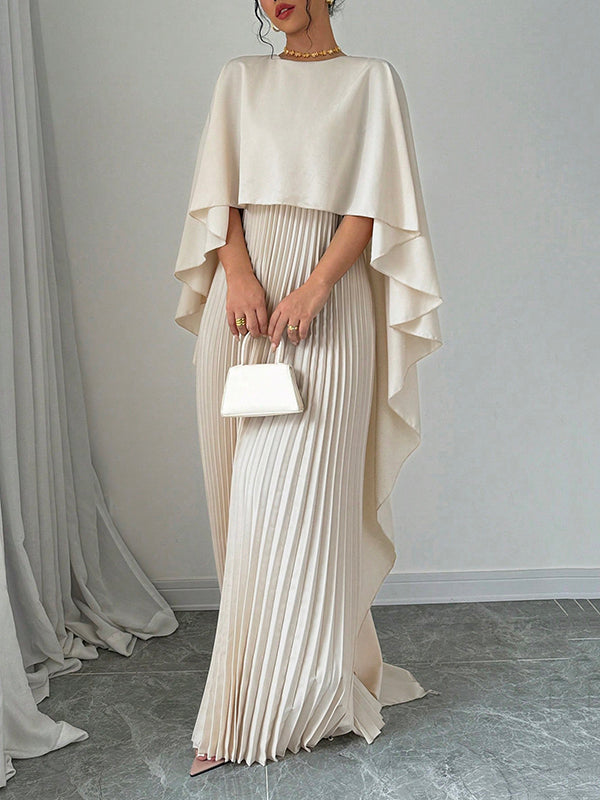 Robe de soirée longue plissée style cape, à ourlet plongeant, à empiècements, à col rond, couleur unie