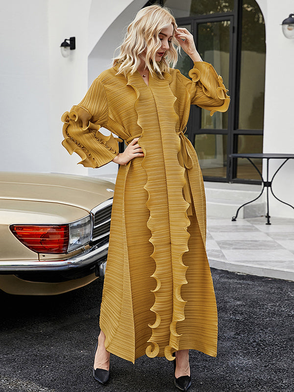 Robe longue ample nouée plissée à manches longues, à falbalas, à col en V, couleur unie