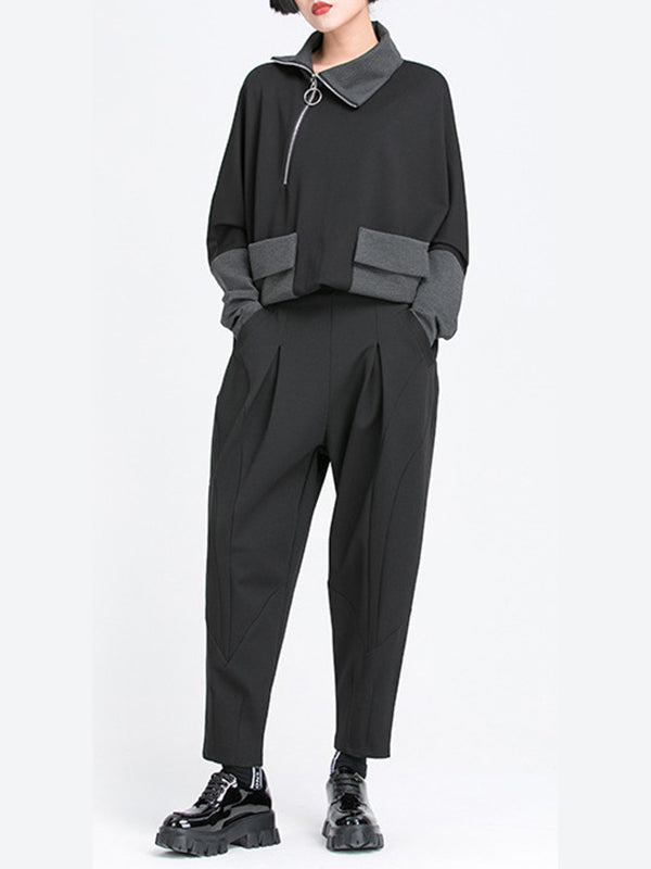 Pantalon ample plissé à taille élastique, à poches, à empiècements, couleur unie