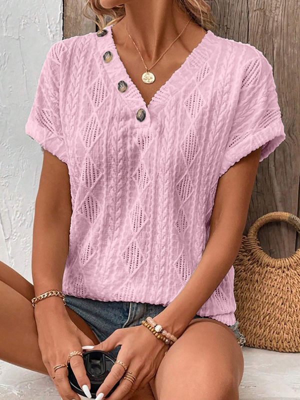 T-shirt ample boutonné à manches courtes, à col en V, couleur unie