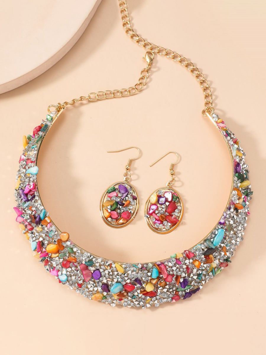 Parure collier et boucles d'oreilles géométrique brillante à coupe irrégulière, à strass