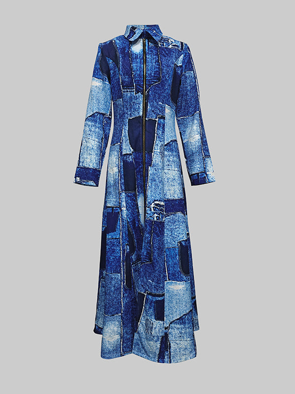 Robe chemise imprimée à manches longues, à fermeture éclair, à col revers