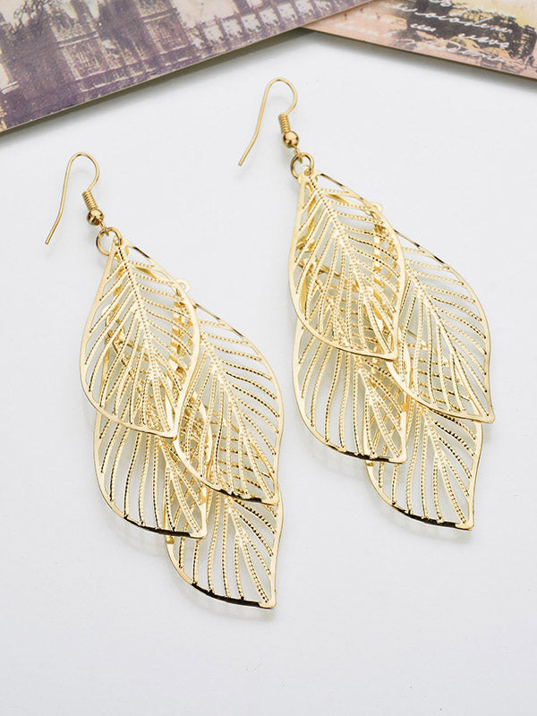 Argent élégant – Boucles d'oreilles anciennes à plusieurs couches et à structure ajourée en forme de feuille