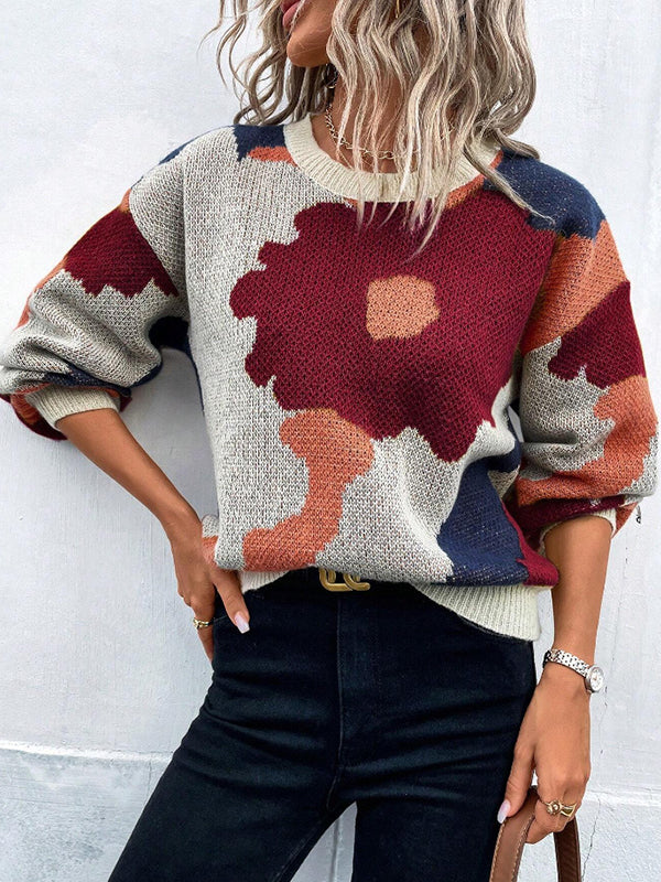Pull ample asymétrique à manches bouffantes, à fleurs en tricot, à empiècements, à col rond