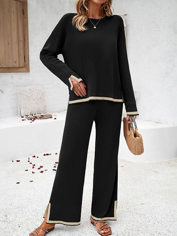 Ensemble deux pièces fendu sur le côté à manches longues, à empiècements, à col rond, à ourlet plongeant, couleur contrastée – pull + pantalon