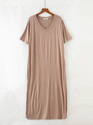 Robe de pyjama simple à manches courtes, ample, fendue sur le côté, couleur unie, col en V