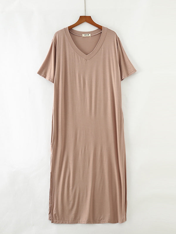 Robe de pyjama simple à manches courtes, ample, fendue sur le côté, couleur unie, col en V