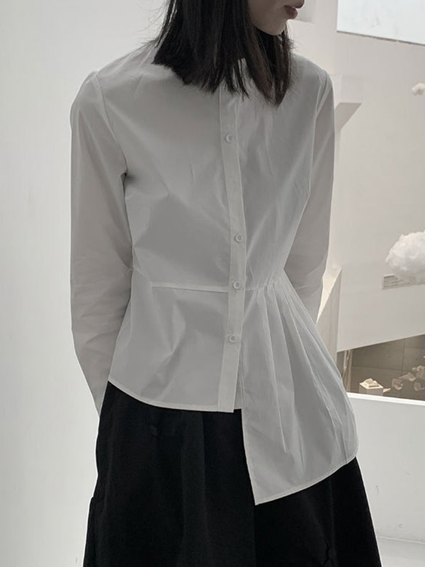 Chemisier asymétrique boutonné plissé à manches longues, à col rond, couleur unie