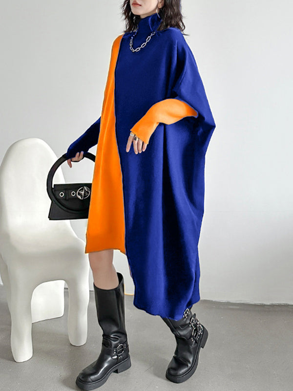 Robe pull mi-longue asymétrique à manches chauve-souris et col haut, couleur contrastée