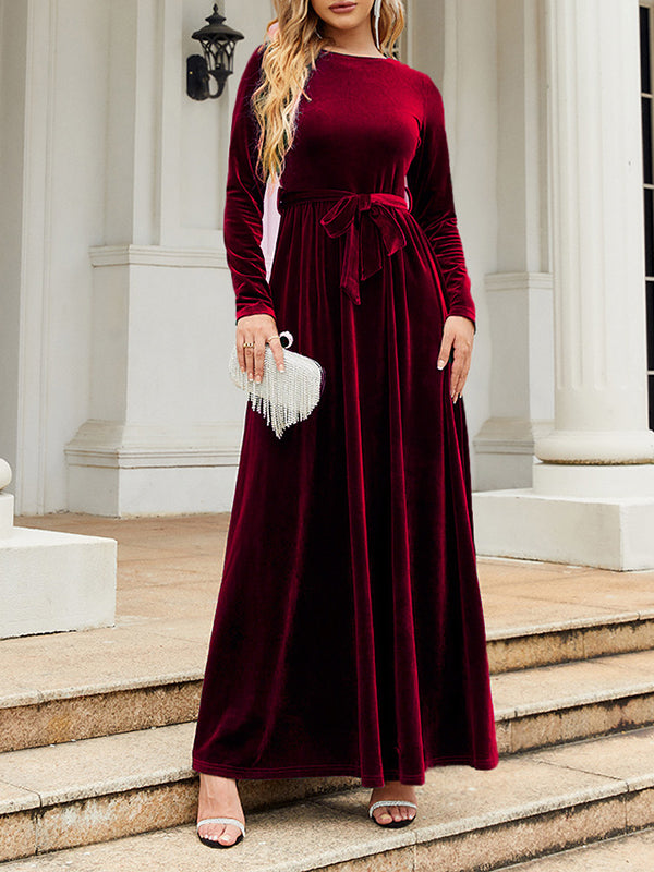 Robe longue plissée à manches longues, coupe portefeuille, avec ceinture, à fermeture éclair, à col rond, couleur unie