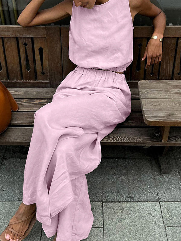 Ensemble deux pièces avec gilet à col rond et pantalon taille haute fendu sur le côté, élasticité ample, couleur unie