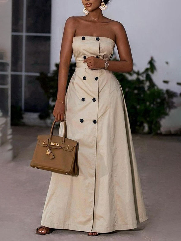 Robe longue ample boutonnée coupe trapèze, avec ceinture, à poches, bustier