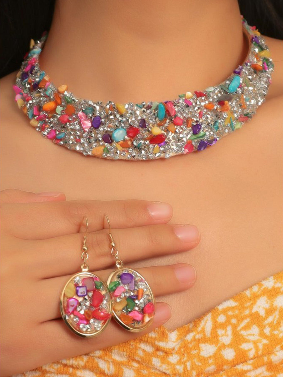 Parure collier et boucles d'oreilles géométrique brillante à coupe irrégulière, à strass