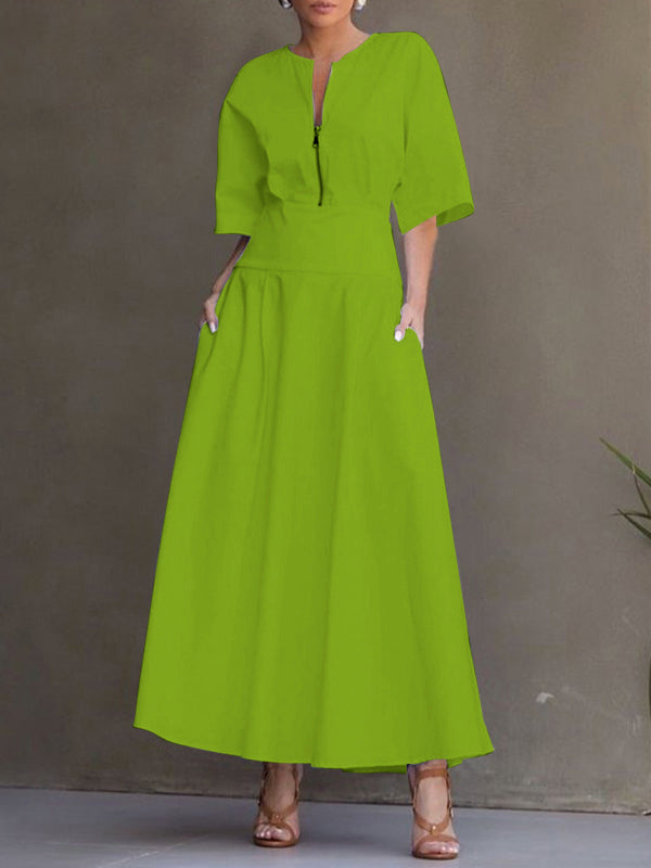 Robe longue ample à manches mi-longues, à fermeture éclair, à col rond, couleur unie