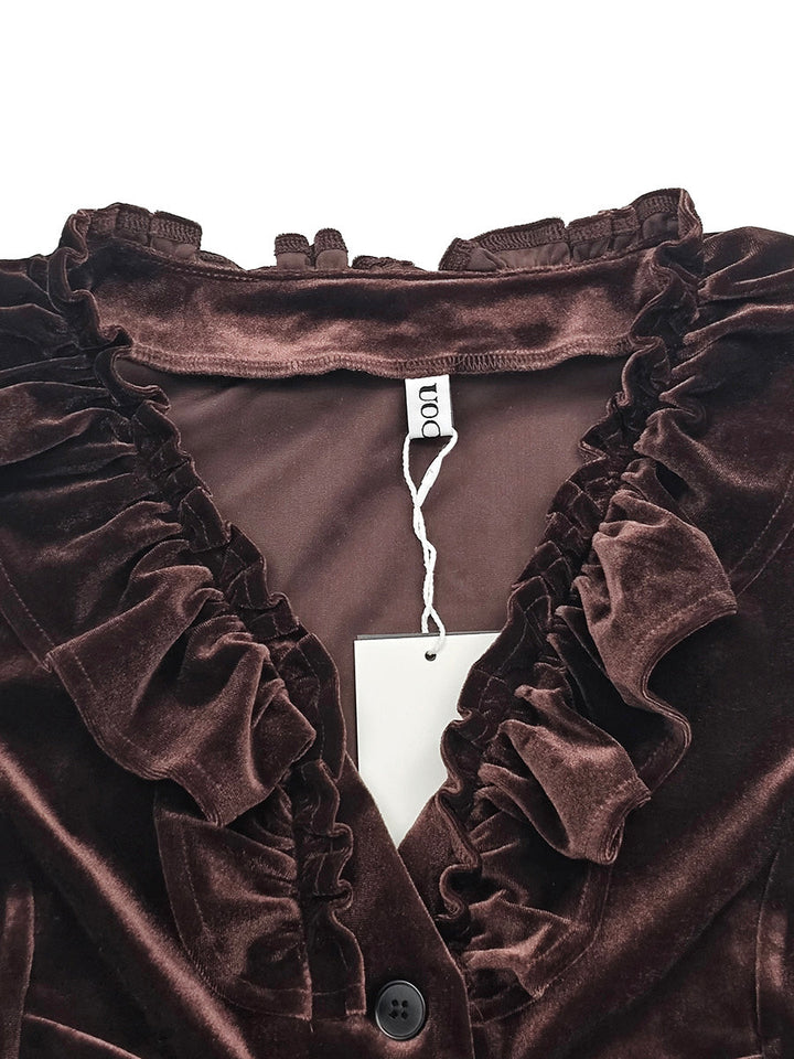 Chemisier boutonné plissé volanté à taille élastique, à manches évasées, à empiècements, à décolleté en V profond, couleur unie