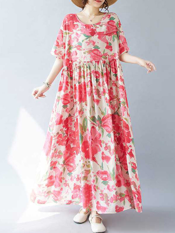 Robe mi-longue plissée coupe trapèze, à manches chauve-souris, à imprimé floral, à empiècements, à col rond