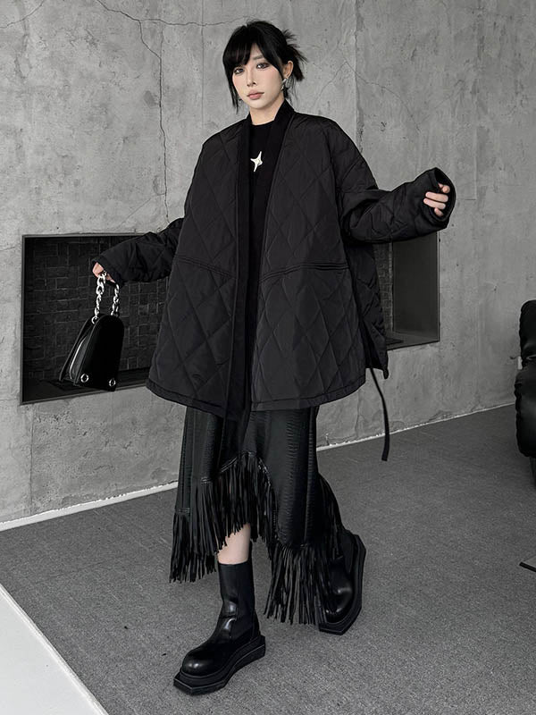 Manteau rembourré à manches longues, ample, à carreaux, couleur unie, à empiècements, noué, sans col, vêtements d'extérieur