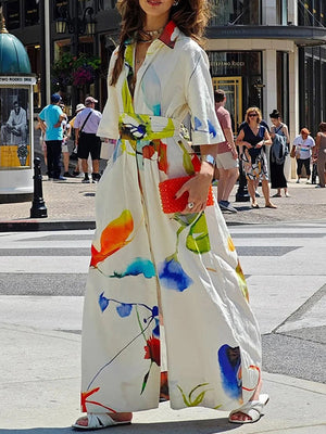 Robe chemise ample asymétrique imprimée à manches mi-longues, à empiècements, à taille nouée, à col revers
