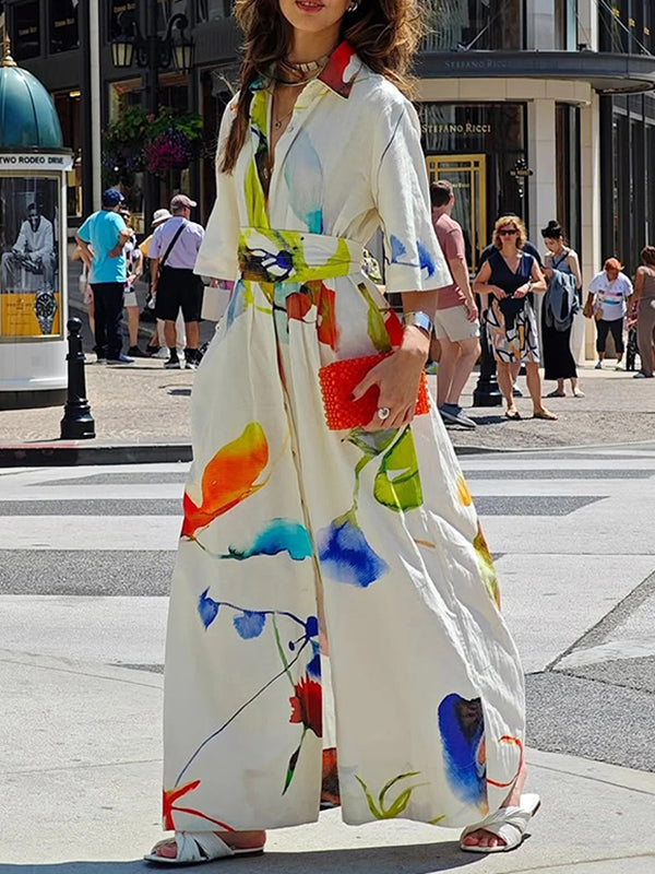Robe chemise ample asymétrique imprimée à manches mi-longues, à empiècements, à taille nouée, à col revers