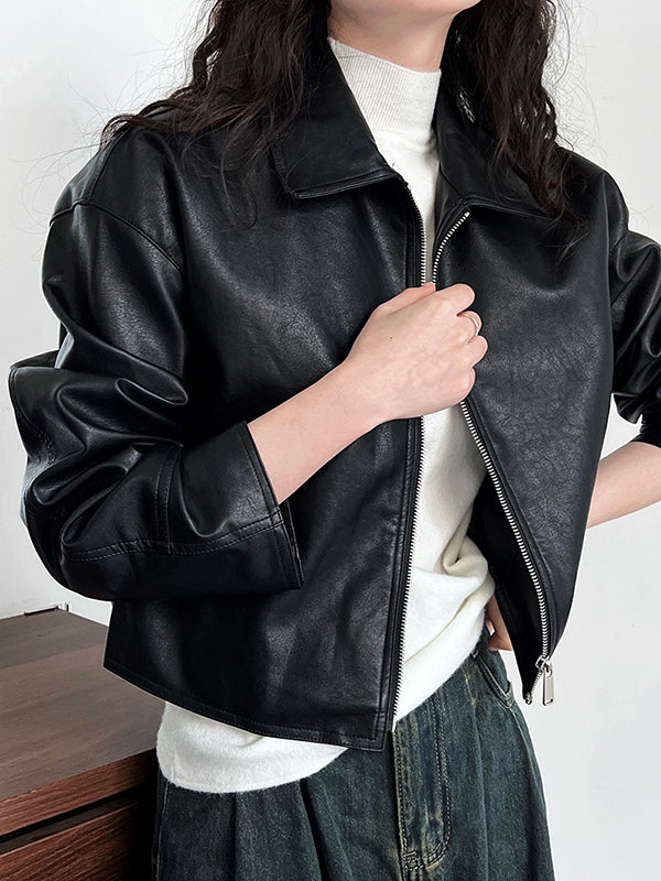 Veste ample à manches longues, à fermeture éclair, à col revers, couleur unie