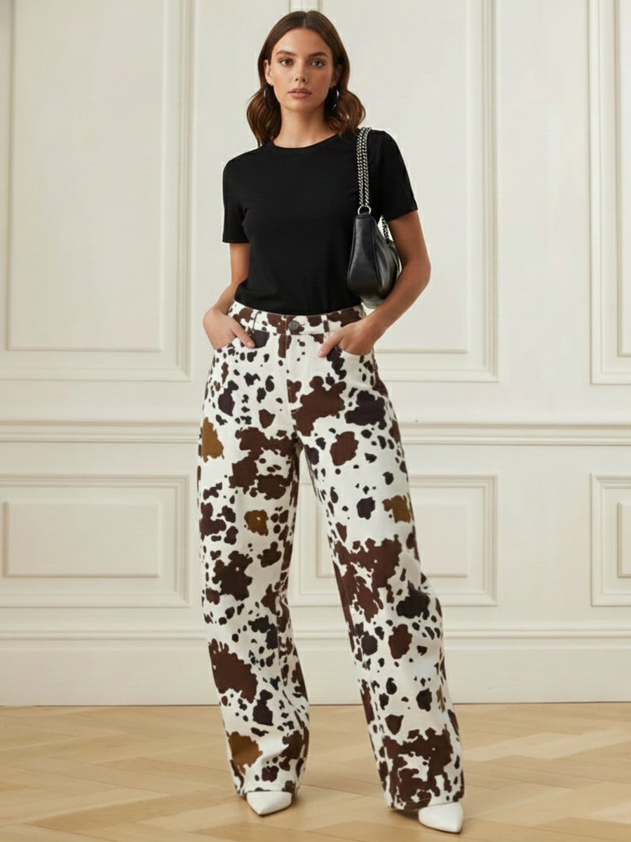 Pantalon à empiècements imprimé vache, taille haute, couleur contrastée, taille élastiquée