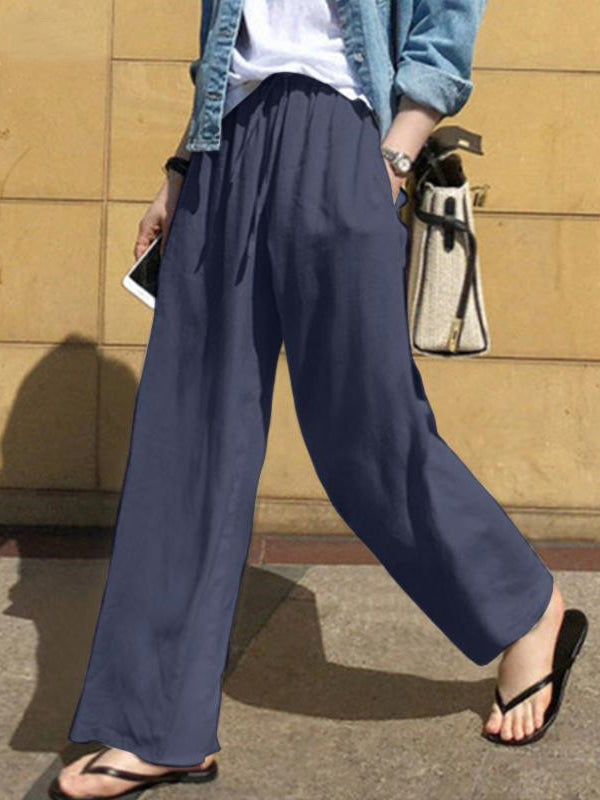 Pantalon ample taille haute, à cordon de serrage, à poches, couleur unie