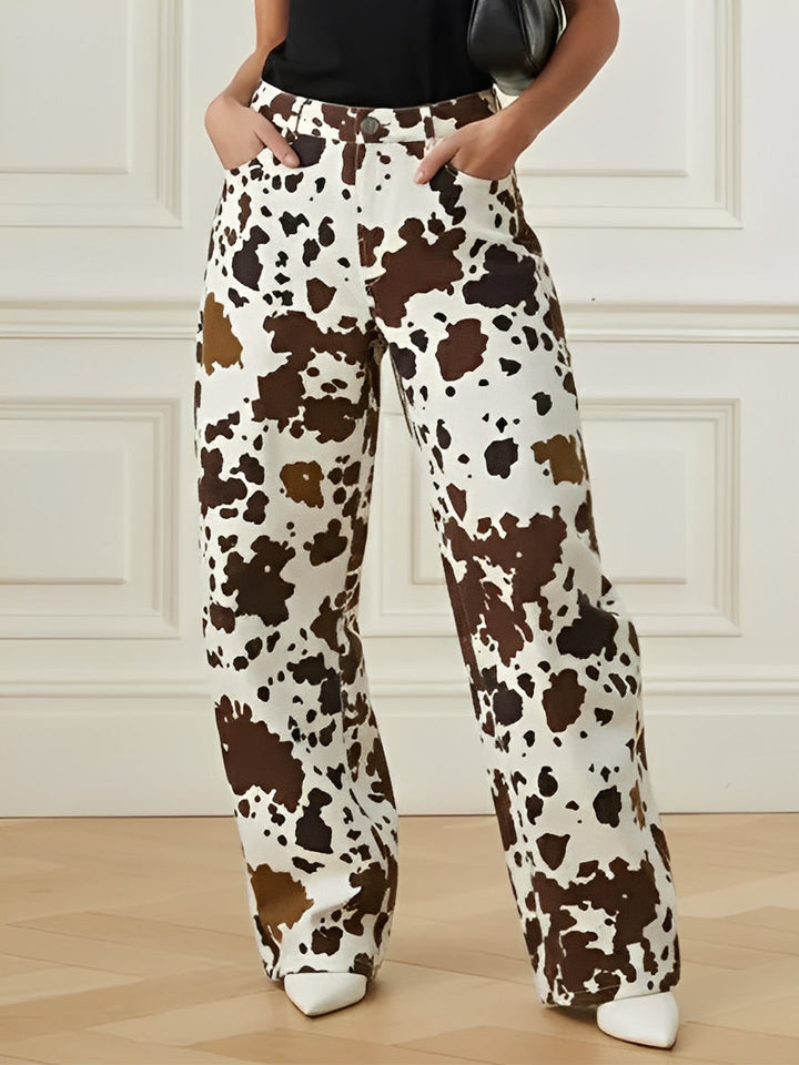 Pantalon à empiècements imprimé vache, taille haute, couleur contrastée, taille élastiquée