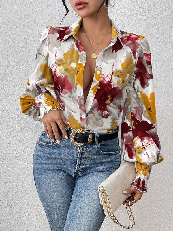Chemisier ample boutonné plissé à manches longues, à taille élastique, à imprimé floral, à col revers