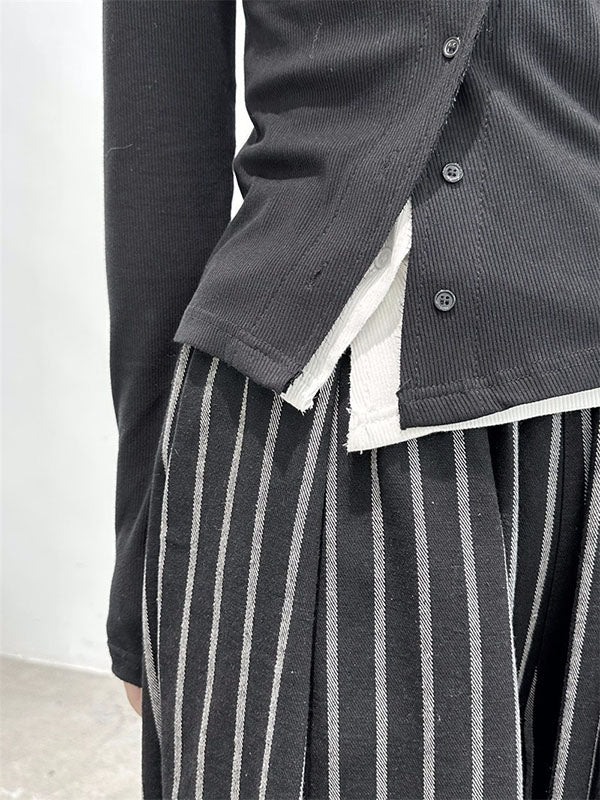 Sarouel ample taille haute fendu-joint motifs rayés pantalon pantalon