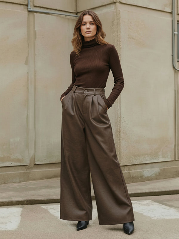 Pantalon large taille haute en similicuir