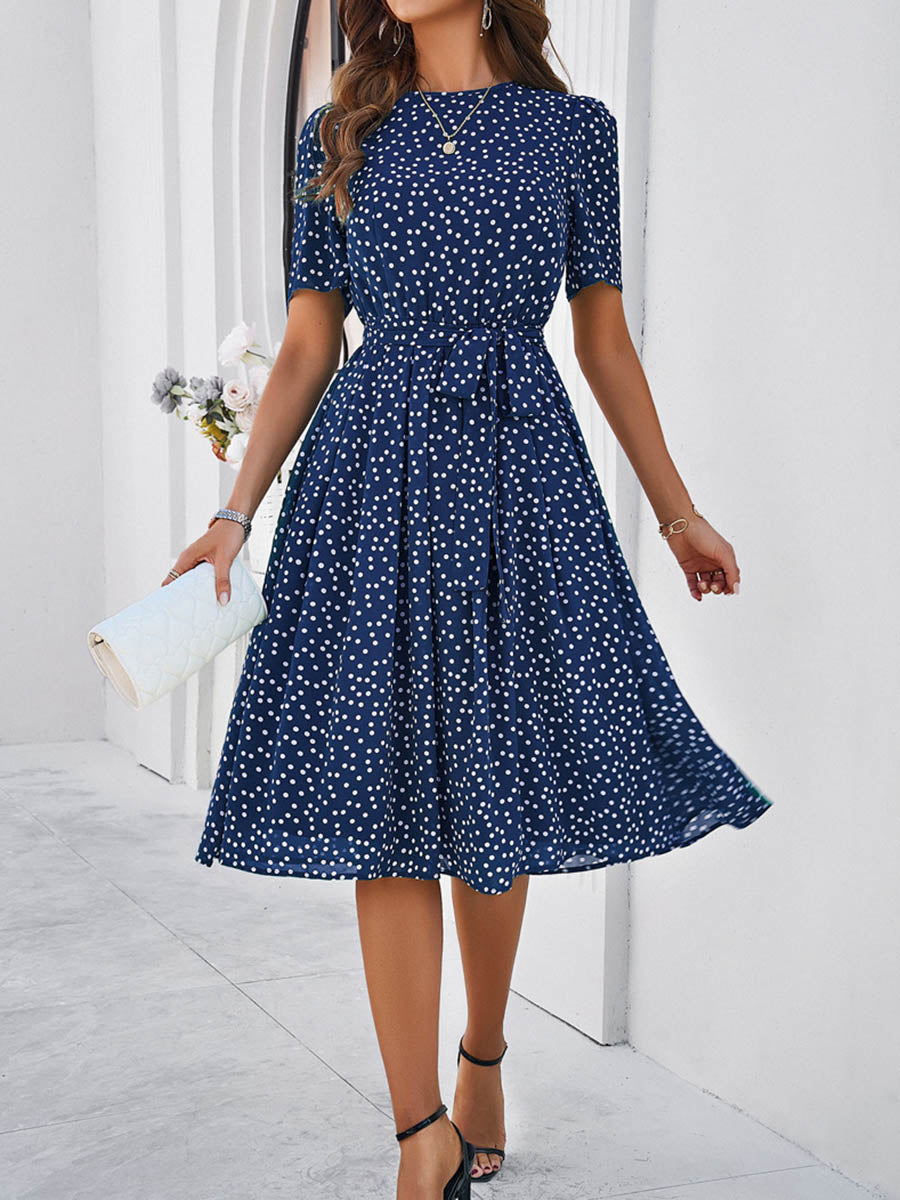 Robe mi-longue coupe trapèze, à taille élastique, à pois, à empiècements, à taille nouée, à col rond, couleur contrastée