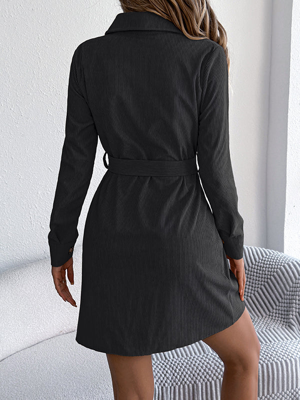 Robe chemise boutonnée à taille élastique, à manches longues, avec ceinture, à boutonnage simple, à col revers, couleur unie