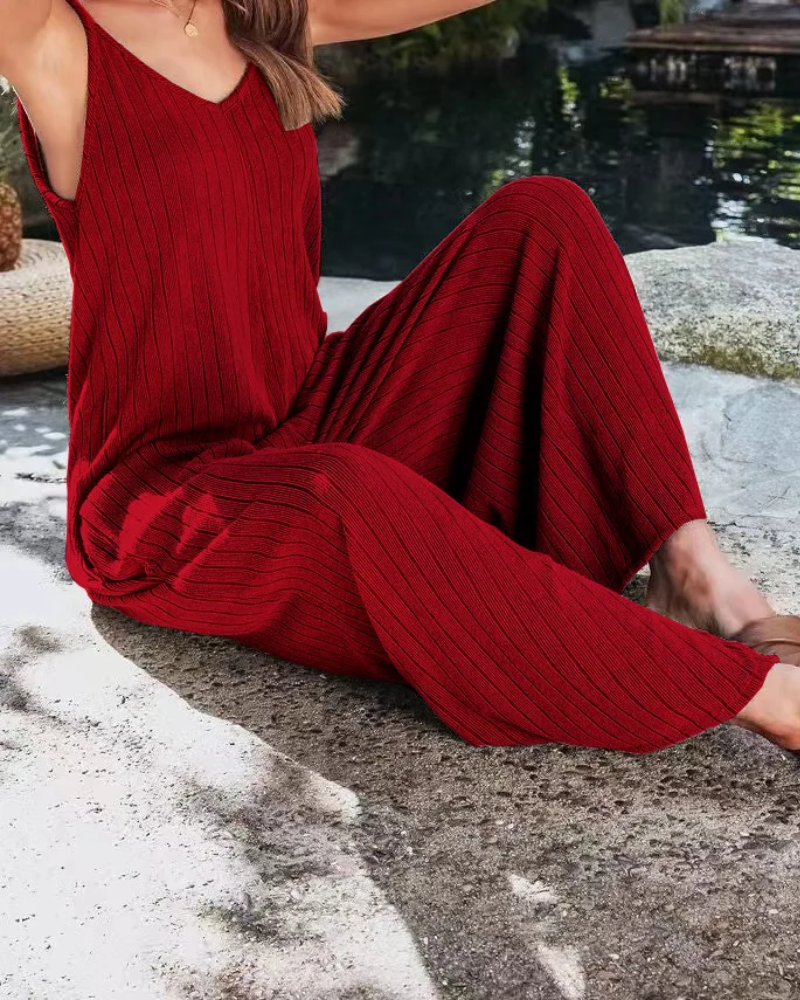 Combinaison sans manches à côtes pour femmes | Jambes larges