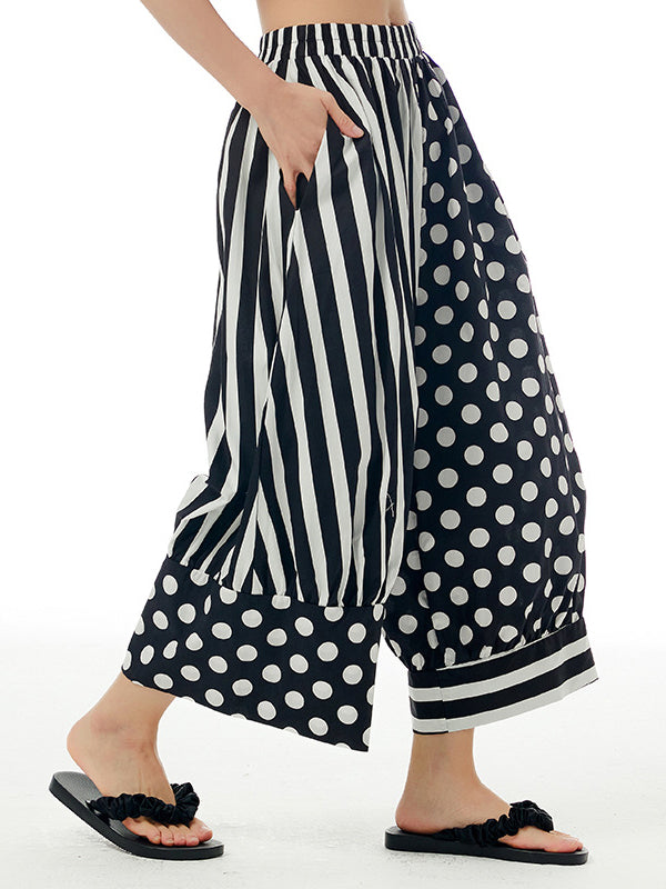 Pantalon ample rayé à jambes larges, à taille élastique, à pois, à empiècements, couleur contrastée