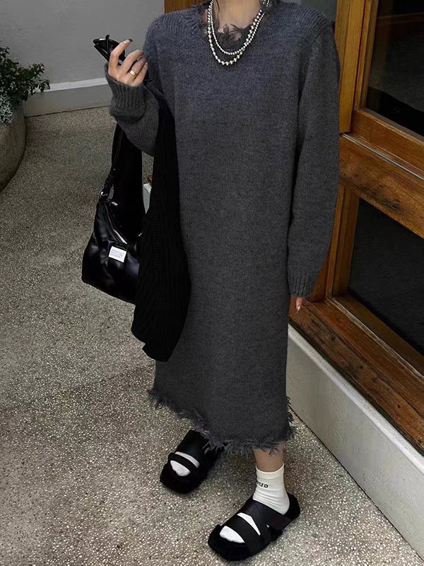 Robe pull taille haute, à manches longues, à franges, à col rond, couleur unie