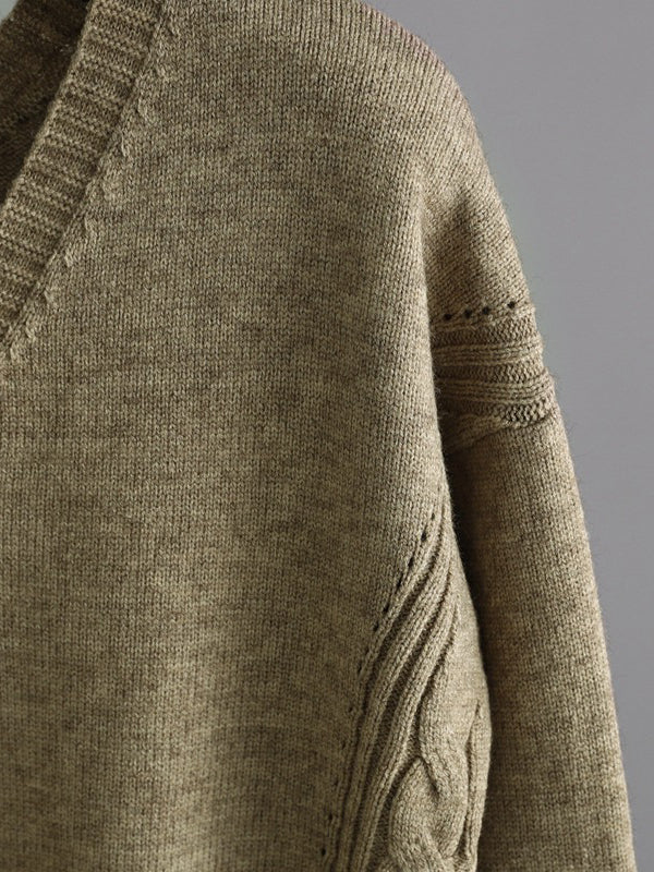 Ensemble deux pièces élégant ample à manches longues, à col en V, à jambes larges, couleur unie – pull + pantalon