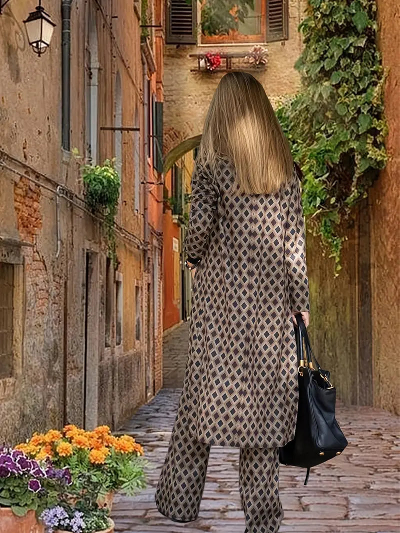 Ensemble Urbain Chic composé d'un long manteau et d'un palazzo avec imprimé géométrique pour femmes