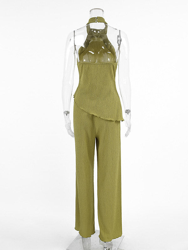 Ensemble deux pièces plissé sans manches, gilet asymétrique à col haut + pantalon à jambes larges, couleur unie