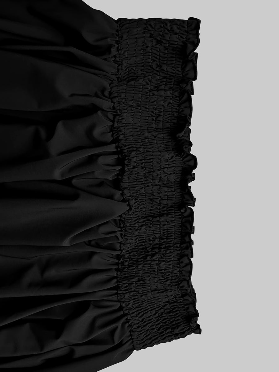 Robe longue ample plissée à manches bouffantes, à taille élastique, à épaules dénudées, couleur unie