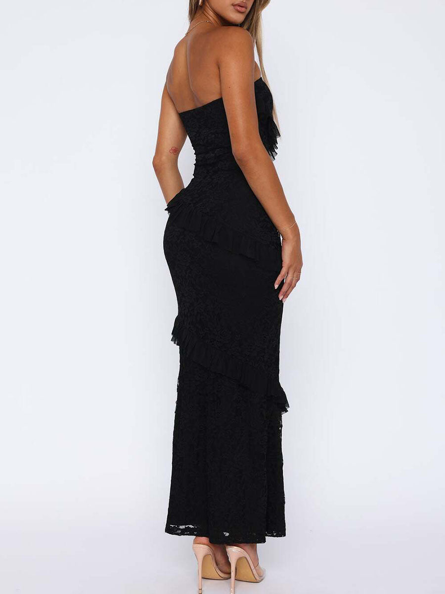 Robe mi-longue moulante volantée coupe trapèze, à empiècements, bustier, couleur unie