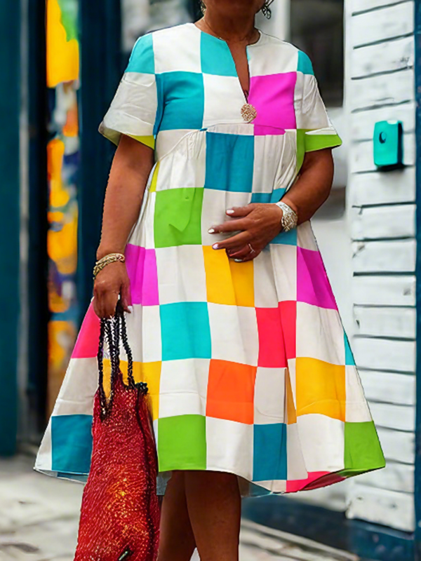 Robe chemise ample plissée coupe trapèze, à carreaux, à décolleté en V profond, couleur contrastée