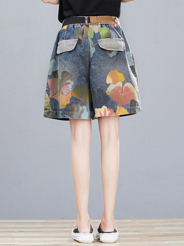 Short à fleurs, à jambes larges, en jean