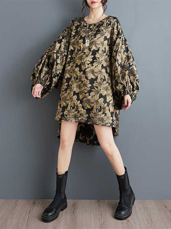 Robe mi-longue coupe trapèze, à ourlet plongeant, à taille élastique, à imprimé floral, en jacquard, à col rond