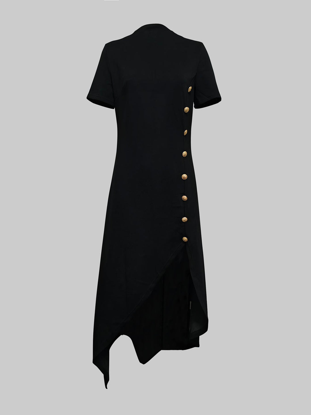 Robe longue boutonnée à ourlet plongeant, à manches courtes, à col rond, couleur unie