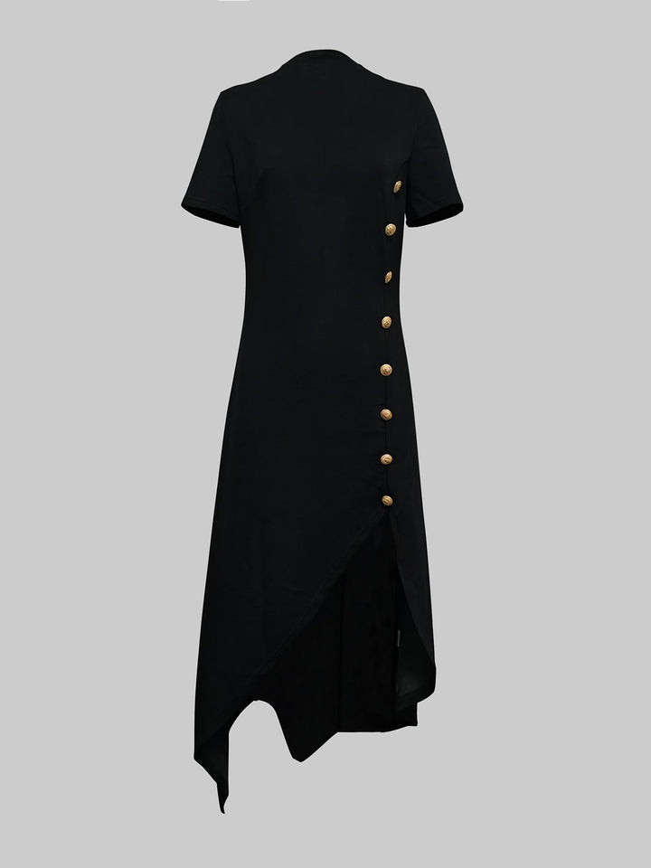 Robe longue boutonnée à ourlet plongeant, à manches courtes, à col rond, couleur unie