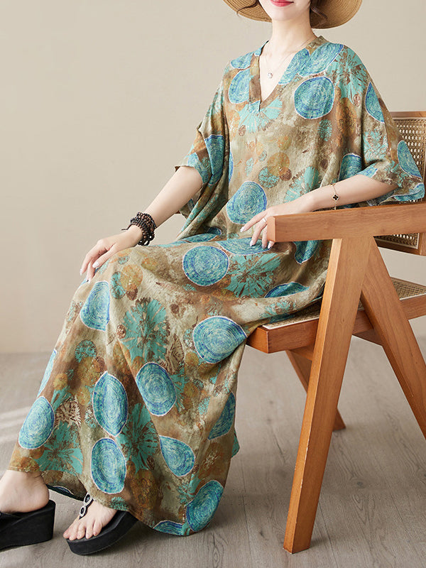 Robe longue ample imprimée à manches courtes, à col en V