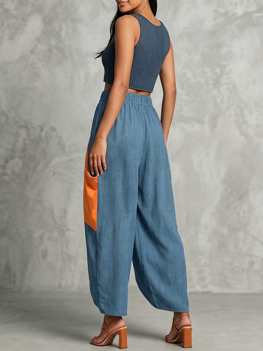Pantalon ample taille haute, à taille élastique, à poches, à empiècements, couleur contrastée