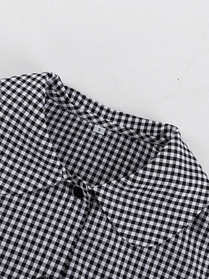 Ensemble deux pièces ample volanté boutonné à carreaux, à empiècements, à manches longues, à col revers, couleur contrastée – chemisier + pantalon